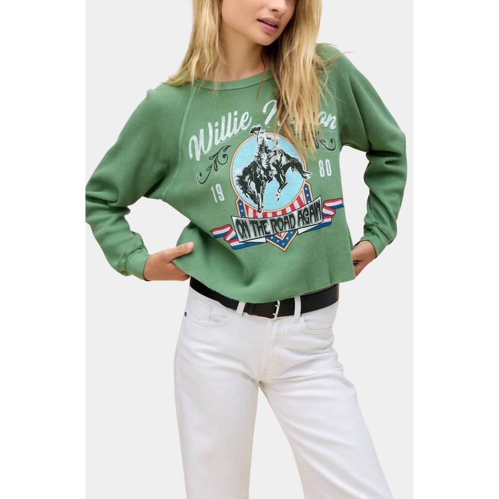 NEW DAYDREAMER willie nelson 1980 cowboy raglan thermal sweatshirt in stone gree